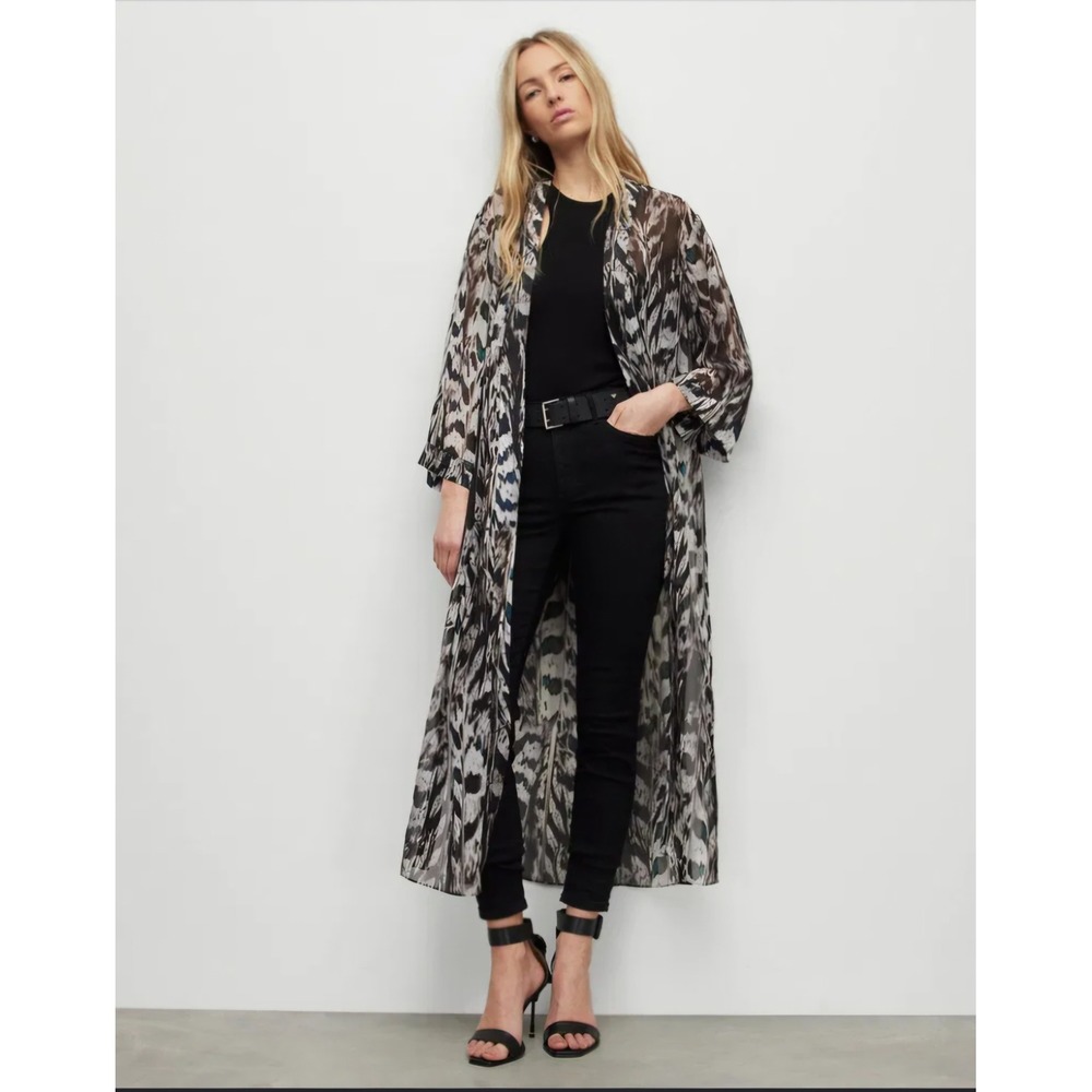 AllSaints Carine Ines Monochrome Feather Kimono Duster WM193Y Black White US 8